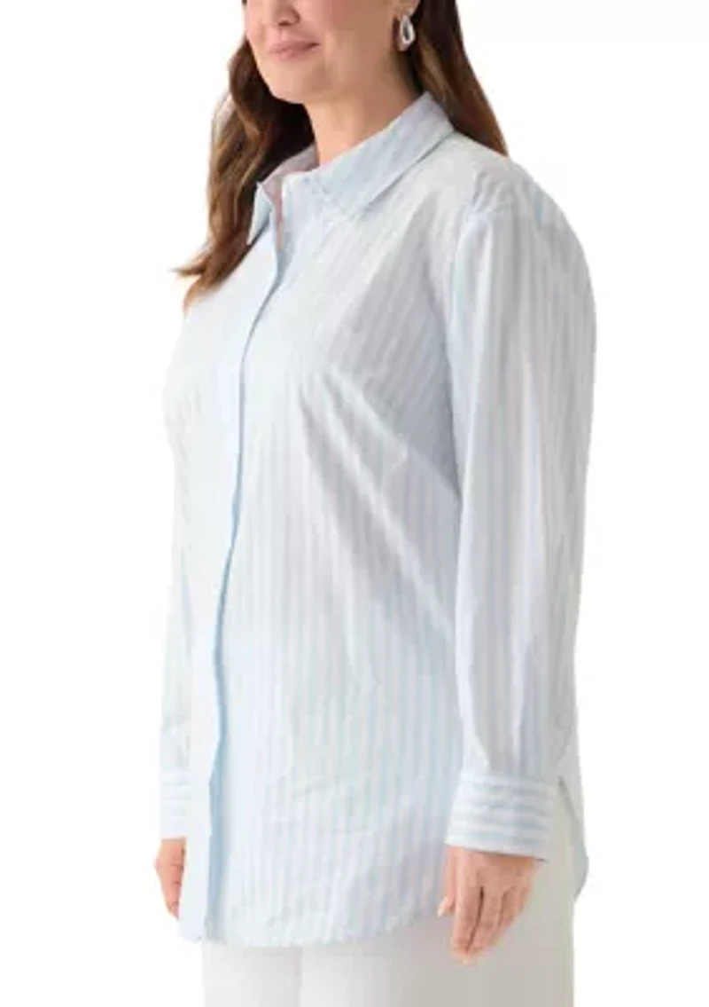Plus Opal Blue Long Sleeve Button Front Shirt