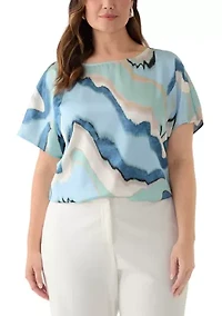 Plus Opal Blue Bateau Neck Flat Satin Blouse