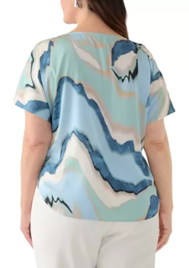 Plus Opal Blue Bateau Neck Flat Satin Blouse