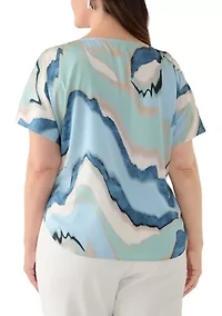 Plus Opal Blue Bateau Neck Flat Satin Blouse