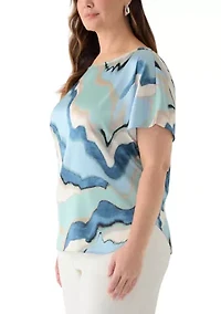 Plus Opal Blue Bateau Neck Flat Satin Blouse