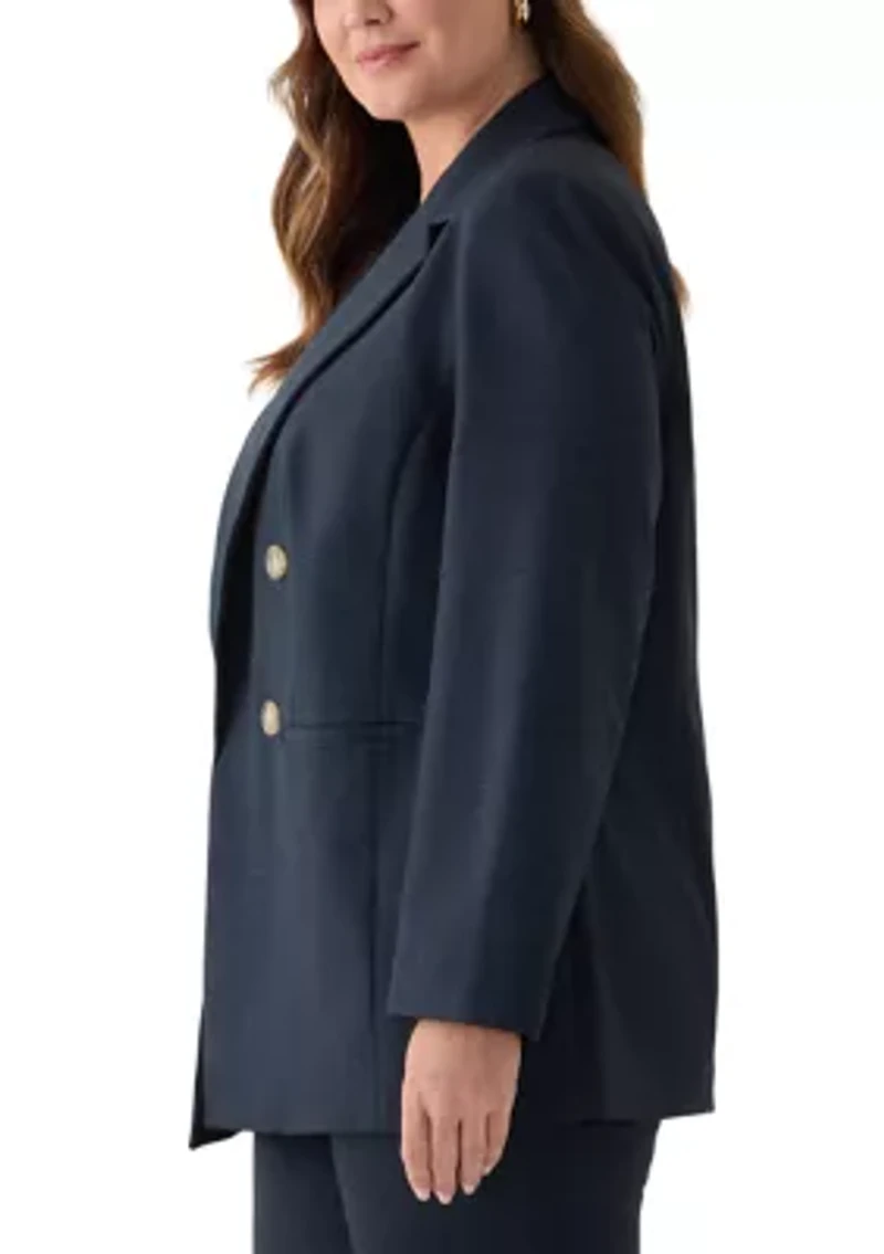 Plus Mid Blue Notch Collar Faux Double Breasted Jacket