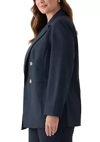Plus Mid Blue Notch Collar Faux Double Breasted Jacket
