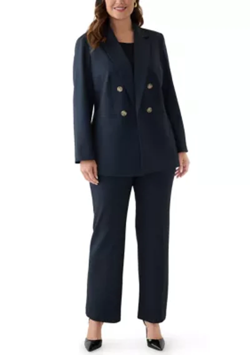 Plus Mid Blue Notch Collar Faux Double Breasted Jacket