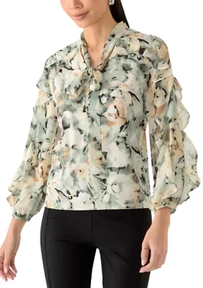 Petite Ruffle Tie Neck Printed Blouse