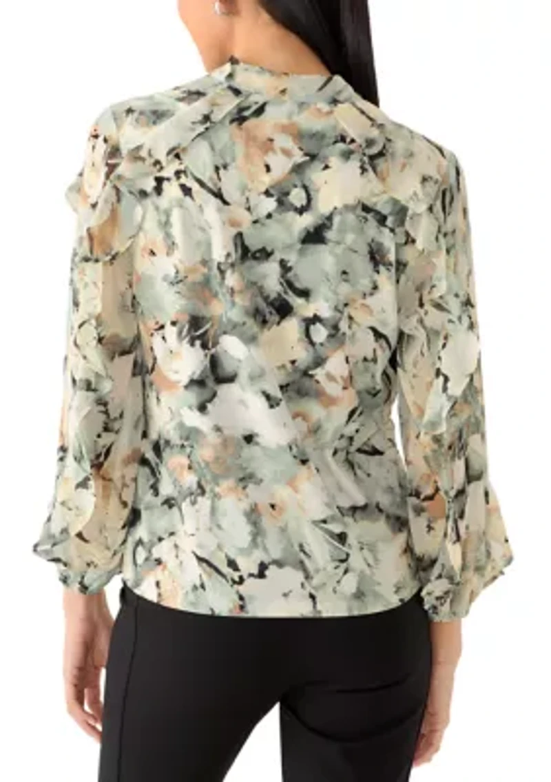 Petite Ruffle Tie Neck Printed Blouse