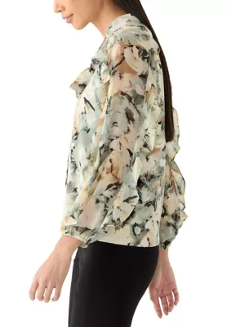 Petite Ruffle Tie Neck Printed Blouse