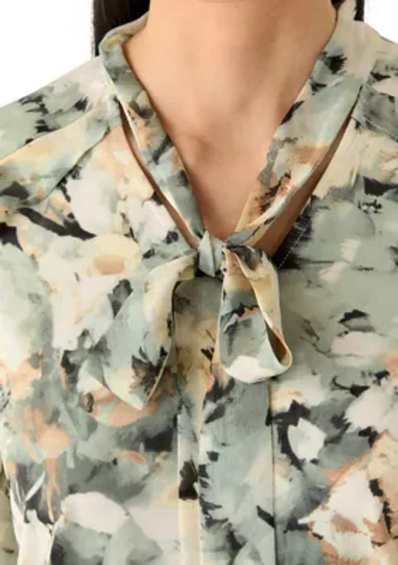 Petite Ruffle Tie Neck Printed Blouse