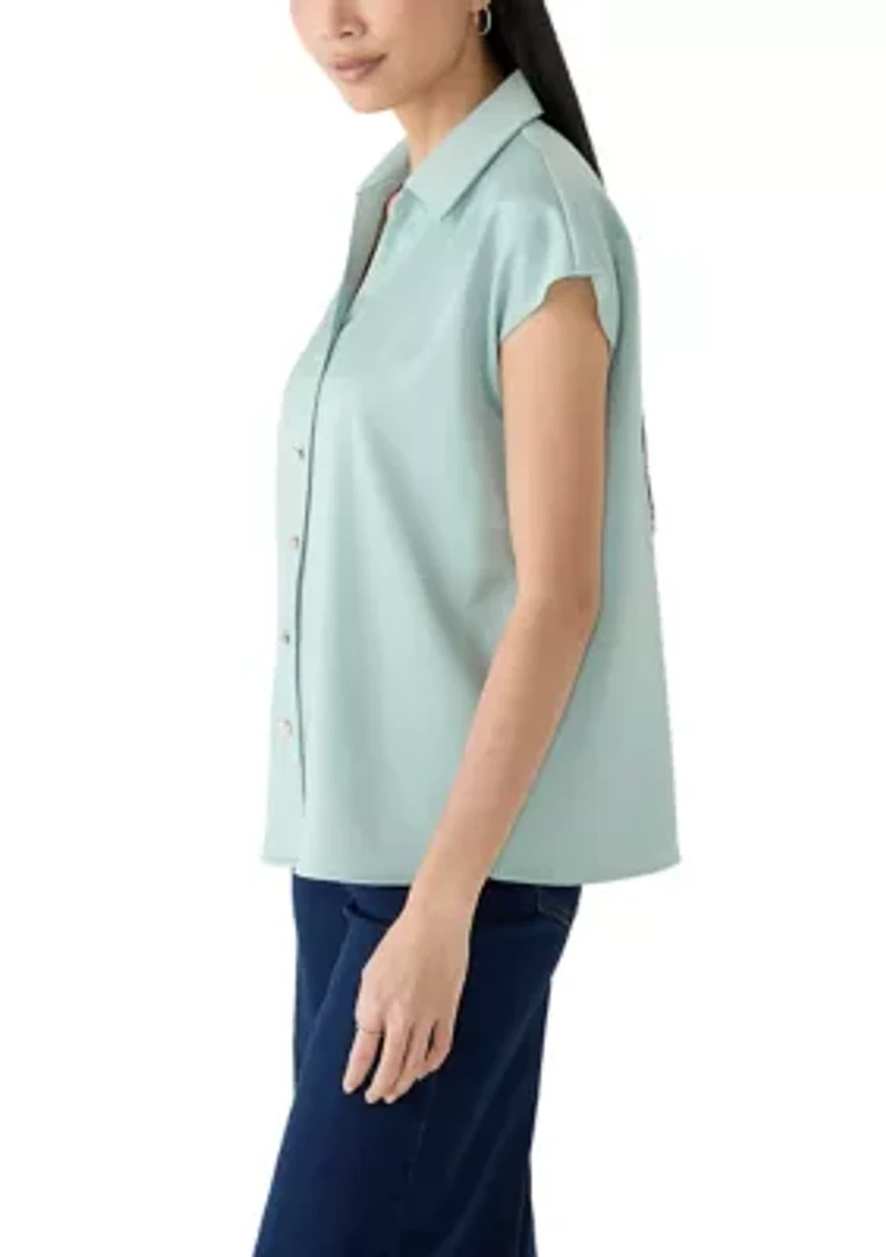 Petite Drop Shoulder Button Front Blouse
