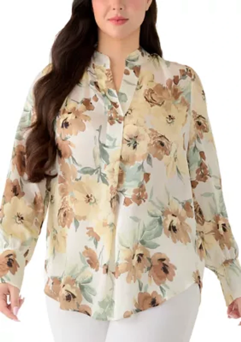 Plus Long Sleeve Pleated Front Blouse