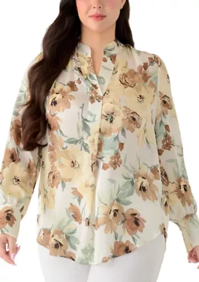 Plus Long Sleeve Pleated Front Blouse