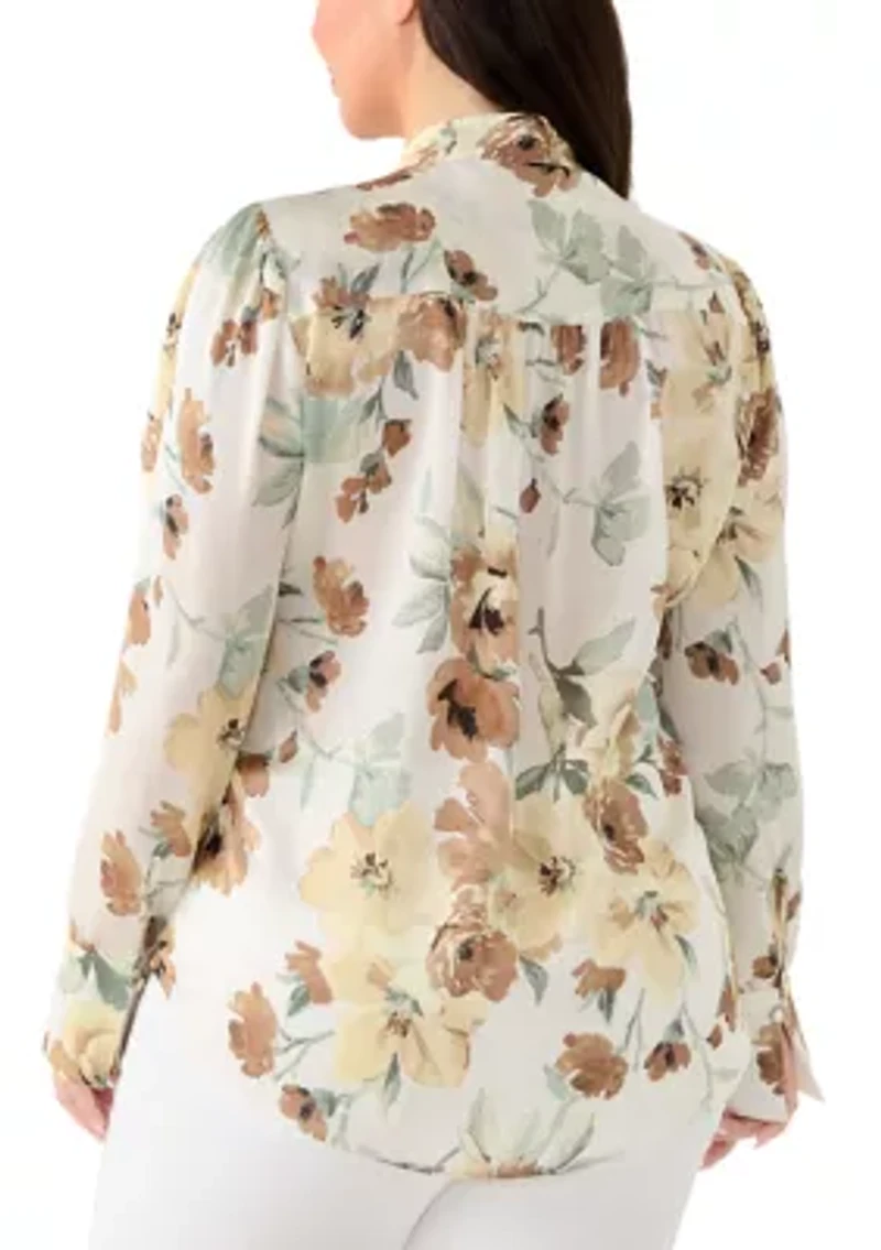 Plus Long Sleeve Pleated Front Blouse