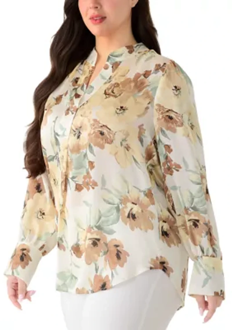 Plus Long Sleeve Pleated Front Blouse