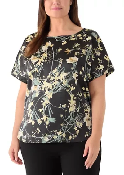 Plus Short Sleeve Printed Satin Bateau Neck Top