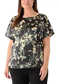 Plus Short Sleeve Printed Satin Bateau Neck Top