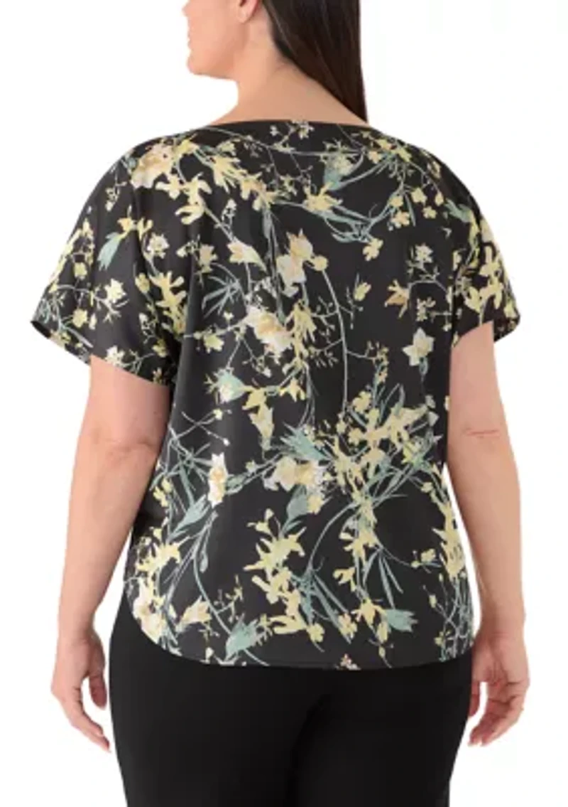 Plus Short Sleeve Printed Satin Bateau Neck Top