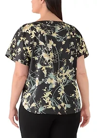 Plus Short Sleeve Printed Satin Bateau Neck Top