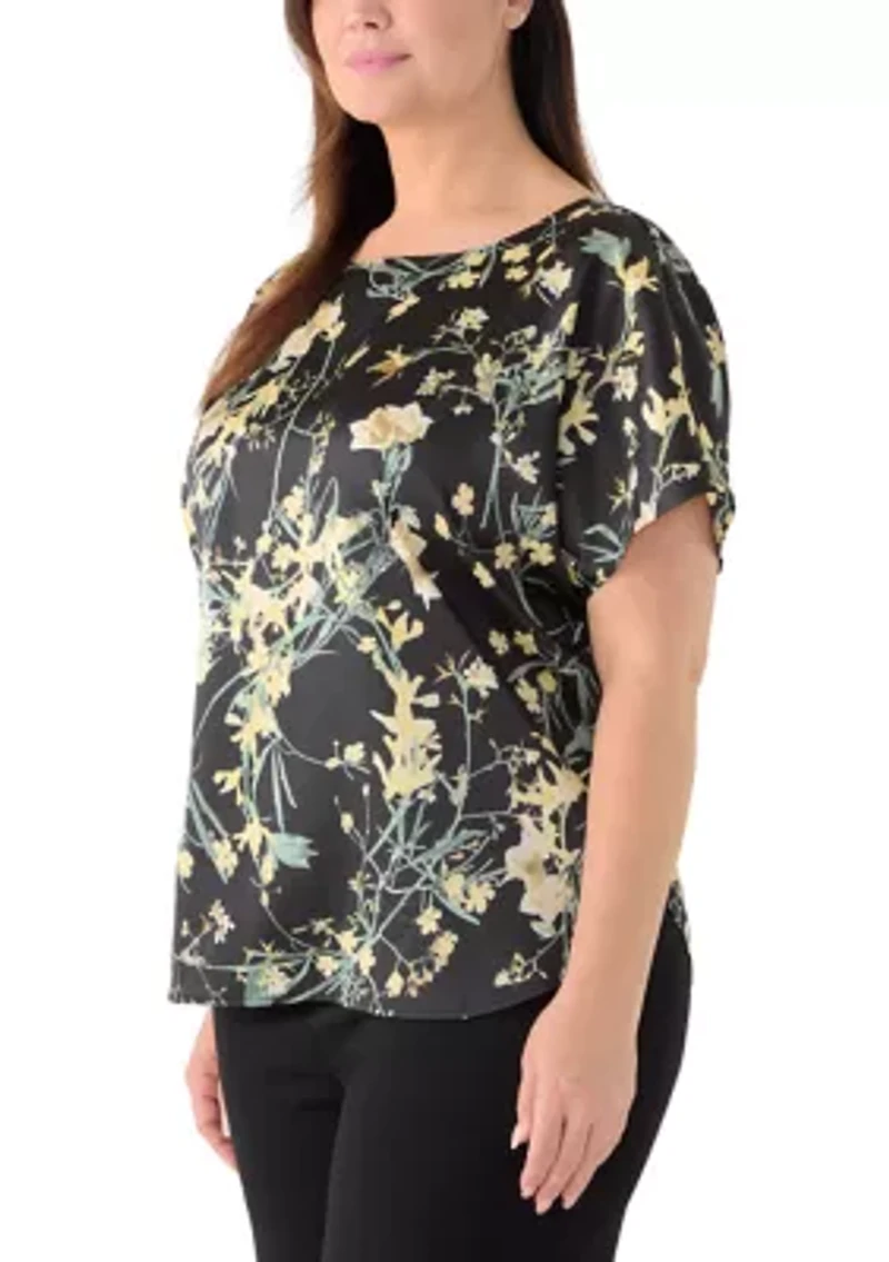 Plus Short Sleeve Printed Satin Bateau Neck Top