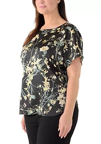 Plus Short Sleeve Printed Satin Bateau Neck Top