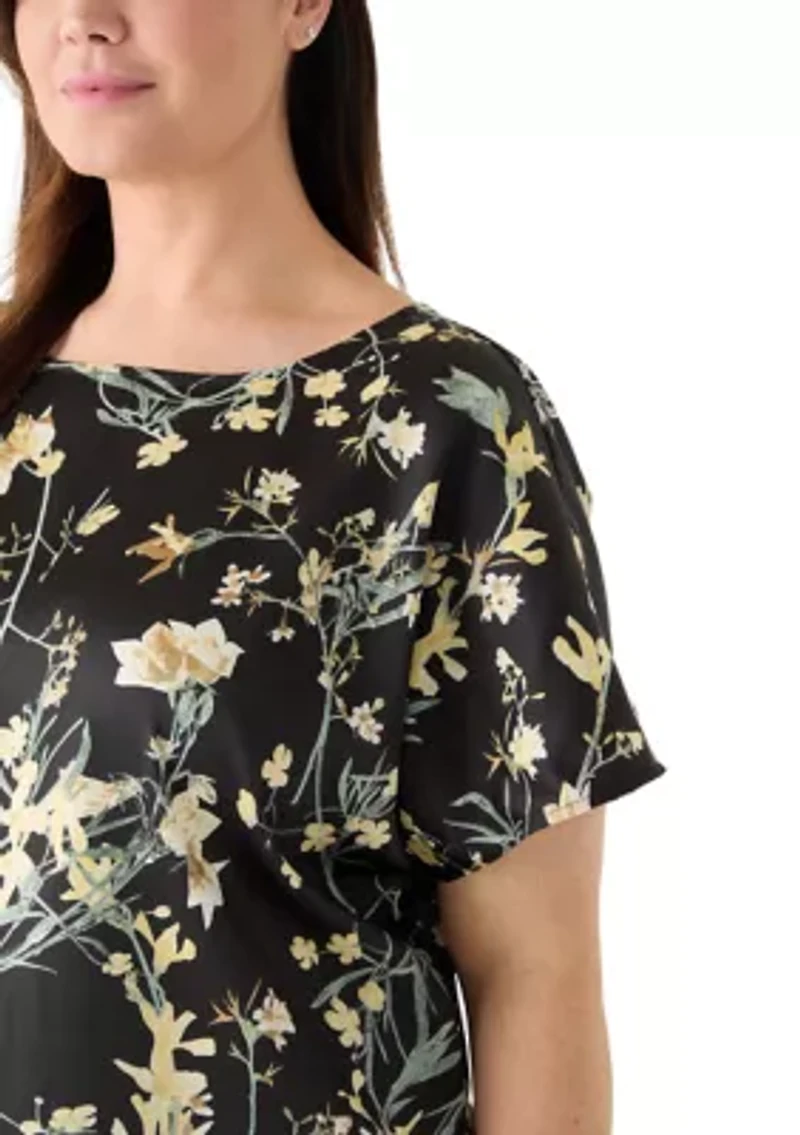 Plus Short Sleeve Printed Satin Bateau Neck Top