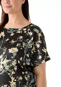 Plus Short Sleeve Printed Satin Bateau Neck Top