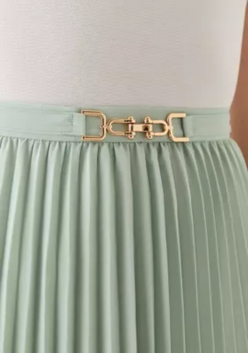 Women's Pull On Flat Front Belt Pleated Skirt