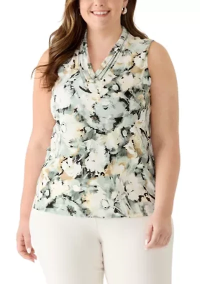 Plus Sleeveless Printed Triple Pleat Dress