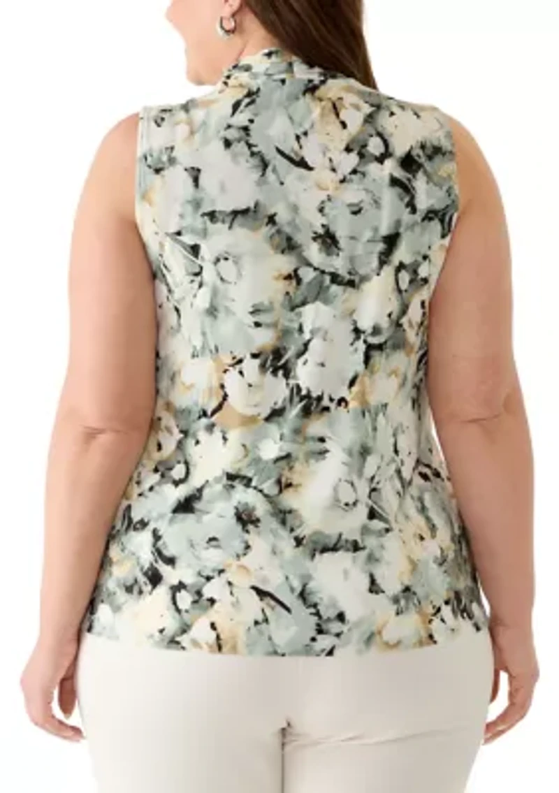 Plus Sleeveless Printed Triple Pleat Dress