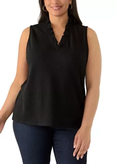 Plus Sleeveless Ruffle Neck Smocked Knit Top