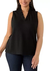 Plus Sleeveless Ruffle Neck Smocked Knit Top