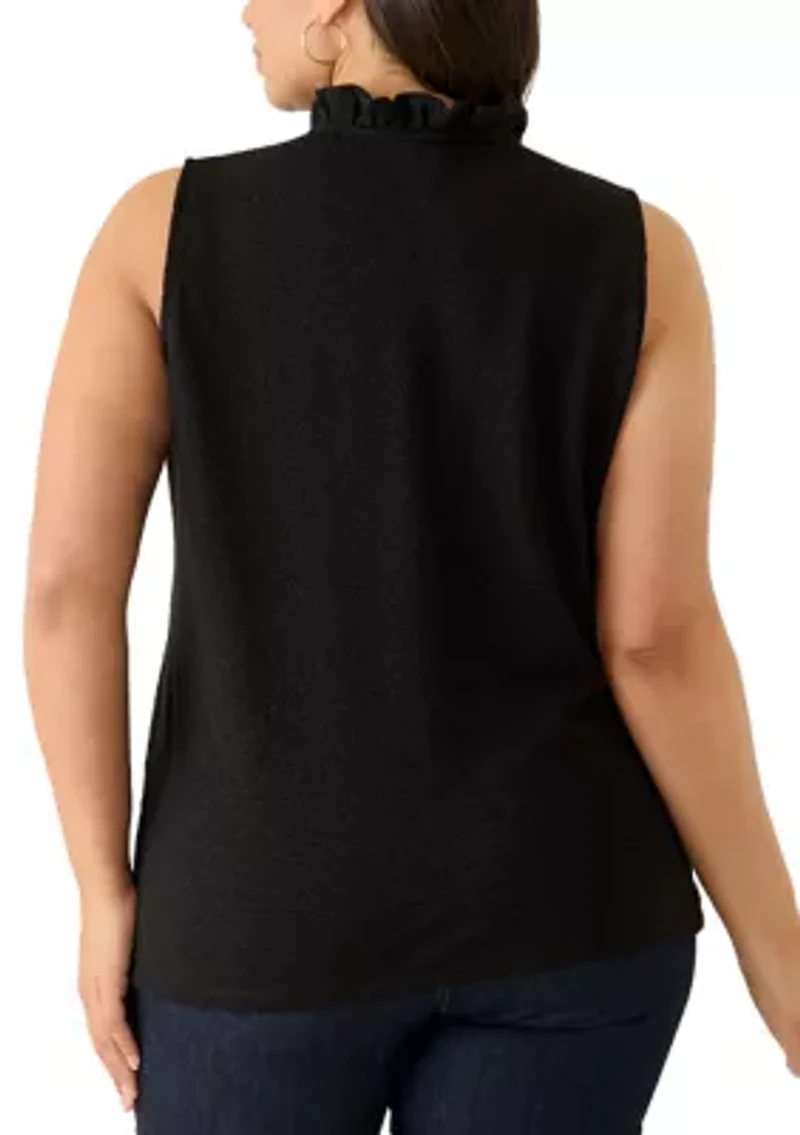 Plus Sleeveless Ruffle Neck Smocked Knit Top