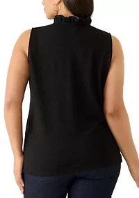 Plus Sleeveless Ruffle Neck Smocked Knit Top