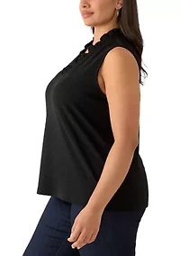 Plus Sleeveless Ruffle Neck Smocked Knit Top