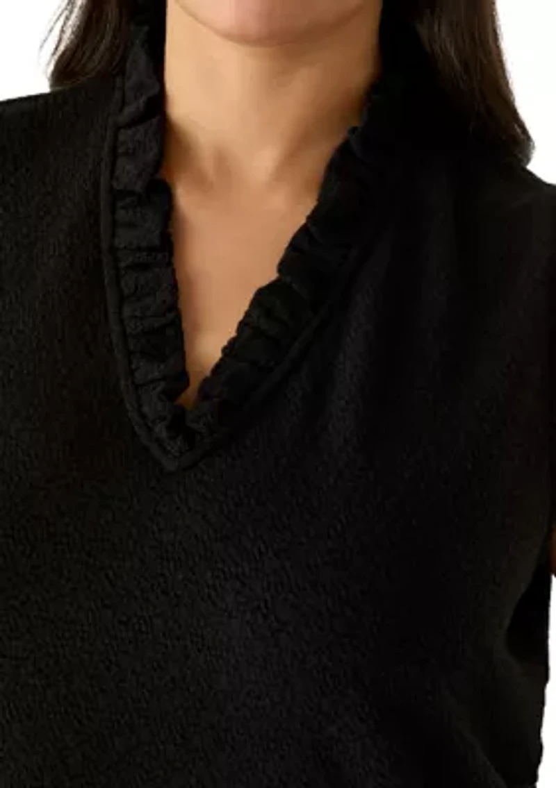 Plus Sleeveless Ruffle Neck Smocked Knit Top