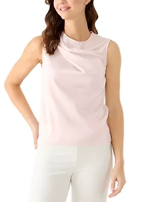 Petite Mixed Media Asymmetrical Pleat Neck Top