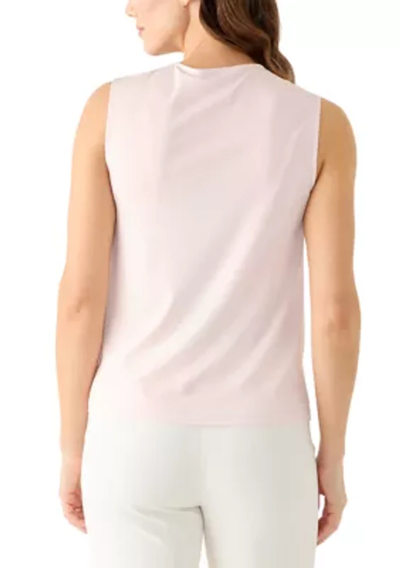 Petite Mixed Media Asymmetrical Pleat Neck Top