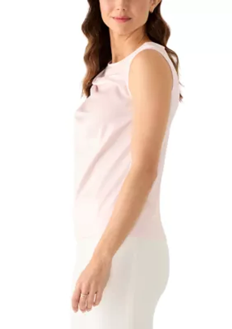 Petite Mixed Media Asymmetrical Pleat Neck Top
