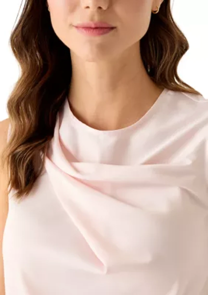 Petite Mixed Media Asymmetrical Pleat Neck Top