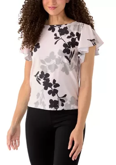 Petite Cascade Flutter Sleeve Printed Top