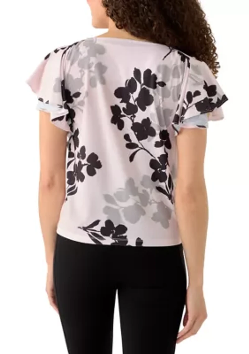 Petite Cascade Flutter Sleeve Printed Top