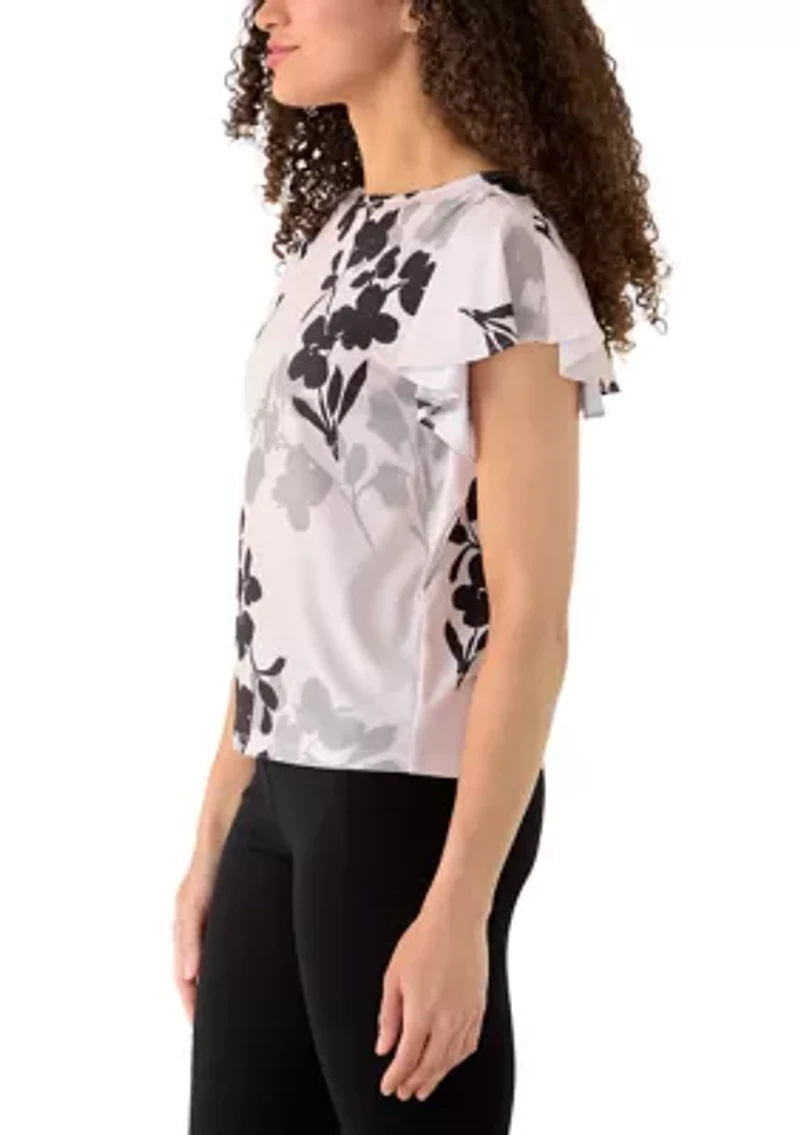 Petite Cascade Flutter Sleeve Printed Top