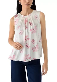 Petite Sleeveless Pleated Print Blouse