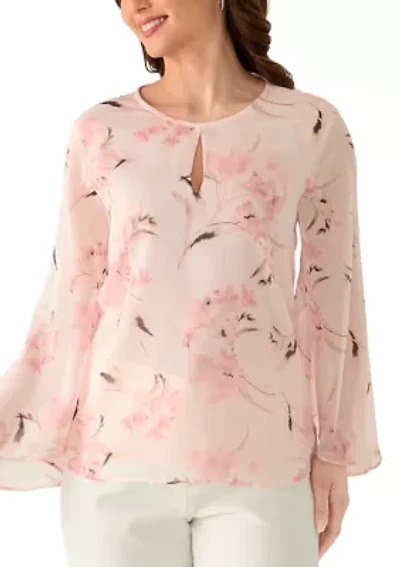 Petite Long Sleeve Keyhole Blouse