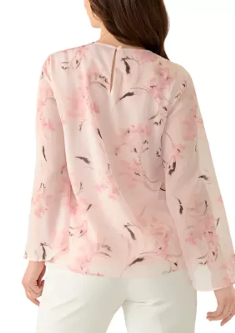 Petite Long Sleeve Keyhole Blouse