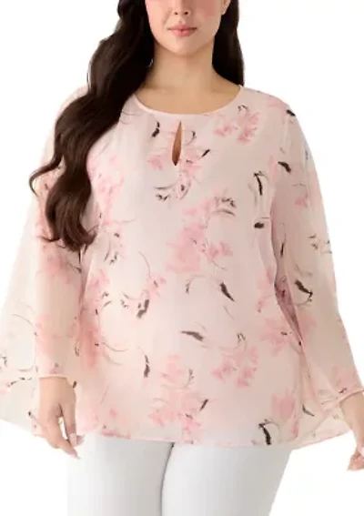 Plus Long Sleeve Keyhole Blouse