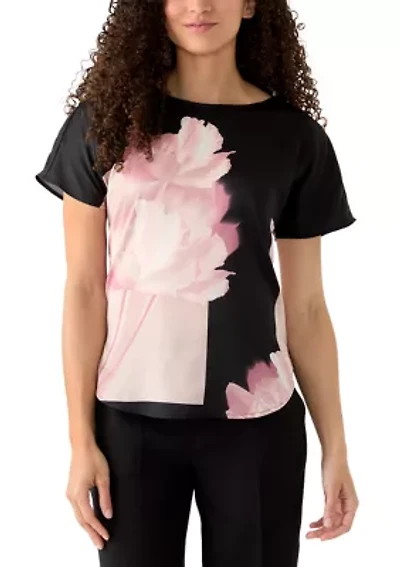 Petite Boat Neck Short Sleeve Printed Top