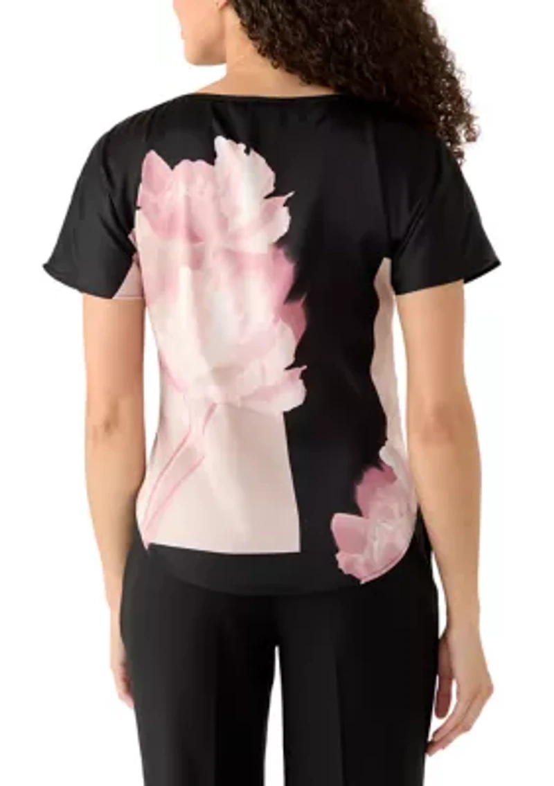 Petite Boat Neck Short Sleeve Printed Top