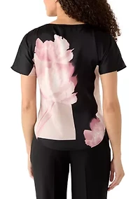 Petite Boat Neck Short Sleeve Printed Top