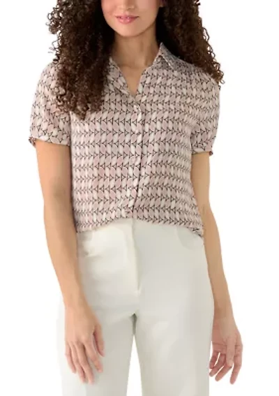 Petite Button Front Shirred Print Blouse