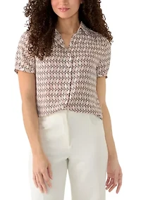 Petite Button Front Shirred Print Blouse